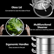 Load image into Gallery viewer, 3 Tier Stainless Steel Steamer Set Kitchen Cooking Induction Steamer Pans W/ Lid