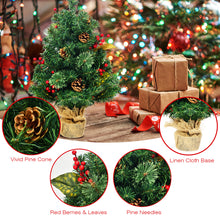 Load image into Gallery viewer, 2FT Tabletop Artificial Christmas Pine Tree, Xmas Tree W/Pine Cone Red Berries & Leaves Decoration Stable Cement Stand with Linen Cloth