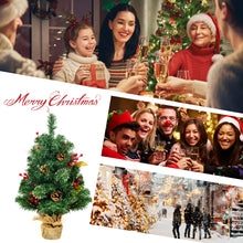 Load image into Gallery viewer, 2FT Tabletop Artificial Christmas Pine Tree, Xmas Tree W/Pine Cone Red Berries & Leaves Decoration Stable Cement Stand with Linen Cloth