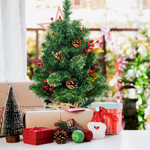 Load image into Gallery viewer, 2FT Tabletop Artificial Christmas Pine Tree, Xmas Tree W/Pine Cone Red Berries & Leaves Decoration Stable Cement Stand with Linen Cloth