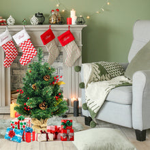 Load image into Gallery viewer, 2FT Tabletop Artificial Christmas Pine Tree, Xmas Tree W/Pine Cone Red Berries & Leaves Decoration Stable Cement Stand with Linen Cloth