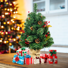 Load image into Gallery viewer, 2FT Tabletop Artificial Christmas Pine Tree, Xmas Tree W/Pine Cone Red Berries & Leaves Decoration Stable Cement Stand with Linen Cloth