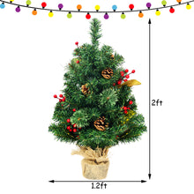 Load image into Gallery viewer, 2FT Tabletop Artificial Christmas Pine Tree, Xmas Tree W/Pine Cone Red Berries & Leaves Decoration Stable Cement Stand with Linen Cloth