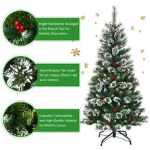 Load image into Gallery viewer, 5ft Snow Flocked Christmas Tree Premium Hinged Slim Xmas Tree W/ Red Berries