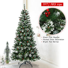 Load image into Gallery viewer, 7 ft Snow Flocked Artificial Christmas Tree Hinged Slim Xmas Tree W/ Red Berries