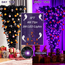 Load image into Gallery viewer, 5FT Christmas Tree Upside Down Black Artificial Xmas Tree W/ 200 LED Lights