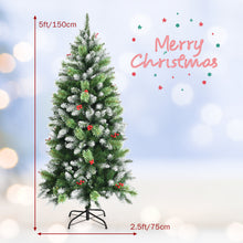 Load image into Gallery viewer, Snow Sprayed Christmas Tree 5ft Unlit Xmas Pencil Tree w/ Two Types of Tips & Red Berry Clusters Hinged Artificial Tree for Holiday Festival Decoration Includes Metal Stand