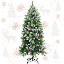 Load image into Gallery viewer, Snow Sprayed Christmas Tree 5ft Unlit Xmas Pencil Tree w/ Two Types of Tips & Red Berry Clusters Hinged Artificial Tree for Holiday Festival Decoration Includes Metal Stand