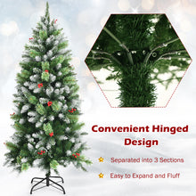 Load image into Gallery viewer, Snow Sprayed Christmas Tree 5ft Unlit Xmas Pencil Tree w/ Two Types of Tips & Red Berry Clusters Hinged Artificial Tree for Holiday Festival Decoration Includes Metal Stand