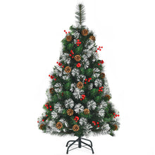 Load image into Gallery viewer, 4FT Decorative Xmas Tree W/ Pine Cones & Red Berry Clusters 160 PVC Tips & Pine Needles Snowy Design Metal Stand Unlit Festival Celebrating Decoration