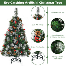 Load image into Gallery viewer, 4FT Decorative Xmas Tree W/ Pine Cones & Red Berry Clusters 160 PVC Tips & Pine Needles Snowy Design Metal Stand Unlit Festival Celebrating Decoration