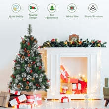 Load image into Gallery viewer, 4FT Decorative Xmas Tree W/ Pine Cones & Red Berry Clusters 160 PVC Tips & Pine Needles Snowy Design Metal Stand Unlit Festival Celebrating Decoration