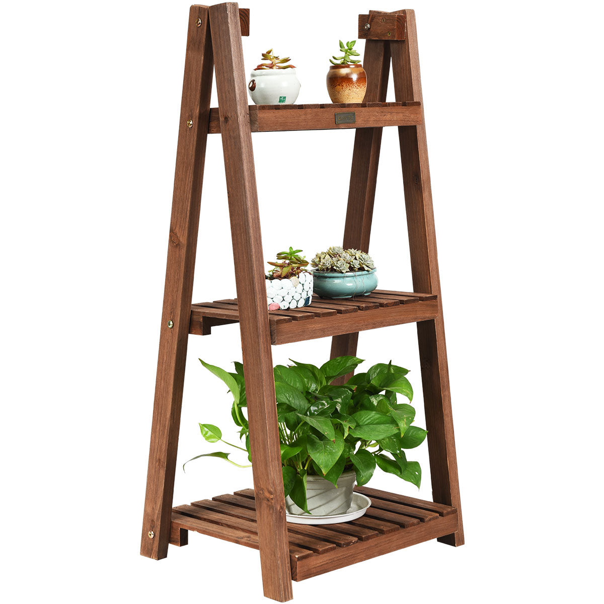 3 Tier Wooden Plant Stand Folding Flower Shelf Display Ladder Free Sta ...