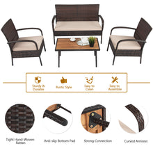 Load image into Gallery viewer, 4-piece Patio Rattan Furniture Set Outdoor Conversation Set w/ Cushions & Acacia Wood Coffee Tabletop