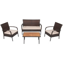 Load image into Gallery viewer, 4-piece Patio Rattan Furniture Set Outdoor Conversation Set w/ Cushions & Acacia Wood Coffee Tabletop