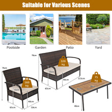 Load image into Gallery viewer, 4-piece Patio Rattan Furniture Set Outdoor Conversation Set w/ Cushions & Acacia Wood Coffee Tabletop
