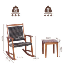 Load image into Gallery viewer, 3 Pieces Patio Rocking Chair Set Acacia Wood Rocker with Side Table Outdoor Rocking Chairs with Wicker Rattan Seat & Backrest