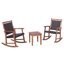 Load image into Gallery viewer, 3 Pieces Patio Rocking Chair Set Acacia Wood Rocker with Side Table Outdoor Rocking Chairs with Wicker Rattan Seat & Backrest