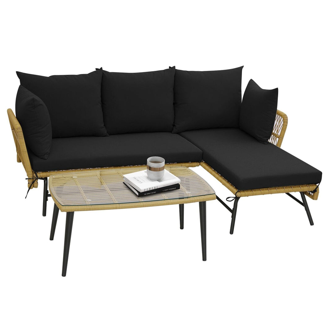 Outdoor Wicker Furniture Set 3-PieceLoveseat Patio Sofa with Cushions & Table