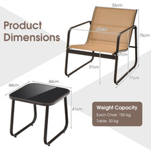 Load image into Gallery viewer, 3 Pieces Patio Conversation Set with Breathable Fabric and Tempered Glass Tabletop
