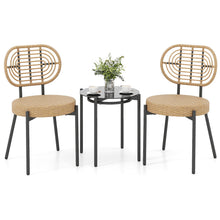 Load image into Gallery viewer, 3 Pieces PE Wicker Outdoor Bistro Set Patio Conversation Set with Tempered Glass Coffee Table and Rattan Chairs
