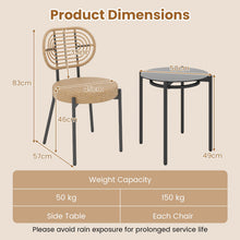 Load image into Gallery viewer, 3 Pieces PE Wicker Outdoor Bistro Set Patio Conversation Set with Tempered Glass Coffee Table and Rattan Chairs
