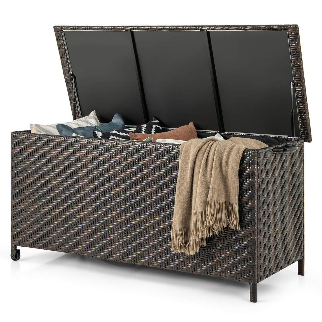320L Tightly-Woven Rattan Deck Box with Polyester Liner and Wheels