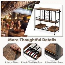 Load image into Gallery viewer, 3 Tiers Bar Cart on Wheels with Glass Racks
