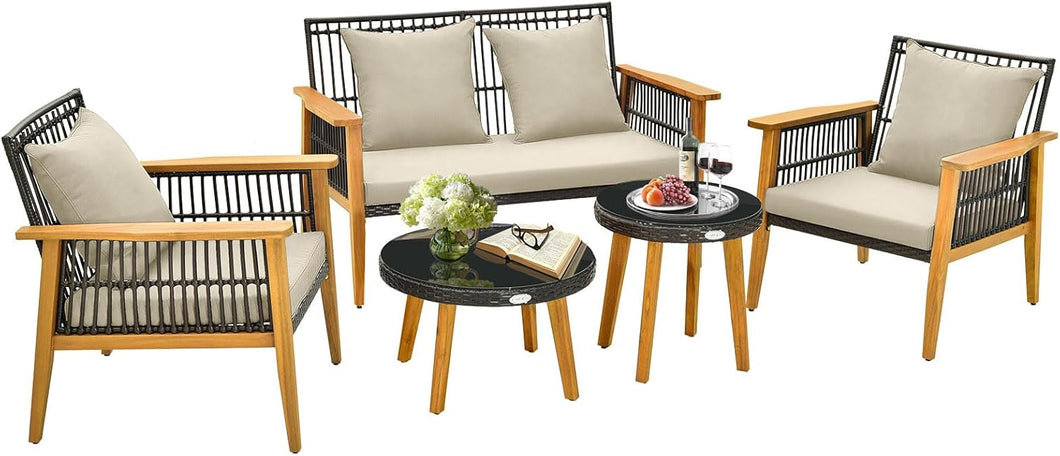 5 Pieces Outdoor Conversation Set with Acacia Wood Frame and Cushions