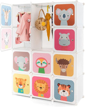 Load image into Gallery viewer, Cartoon Clothes Closet, Portable Kids Wardrobe with Hanging Section( 12 Cubes Animal: 109 x 37 x 145cm)
