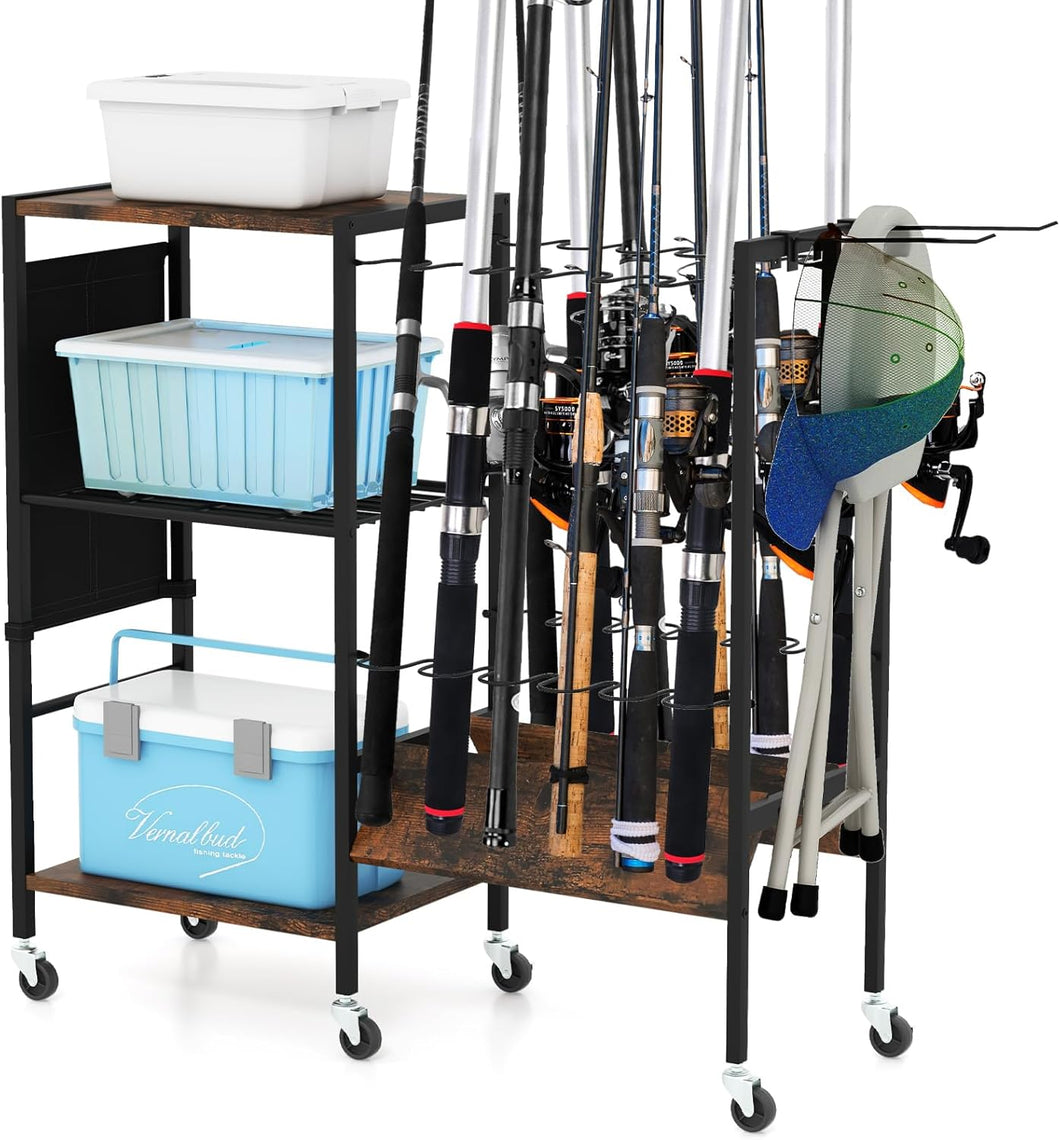 Fishing Rod Rack, Fishing Gear Tackle Cart with Lockable Wheels & Storage Bag, Fishing Rod Holder Equipment Organizers