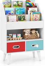 Load image into Gallery viewer, Kids Bookcase, Wooden Children Bookshelf with 3 Shelves, Open Compartment and 2 Removable Bins
