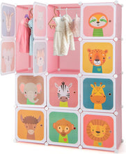 Load image into Gallery viewer, Cartoon Clothes Closet, Portable Kids Wardrobe with Hanging Section( 12 Cubes Animal: 109 x 37 x 145cm)
