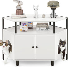 Load image into Gallery viewer, Corner Cat Litter Box Enclosure, Wooden Pet Cabinet Furniture with Open Shelf, 2 Entrances
