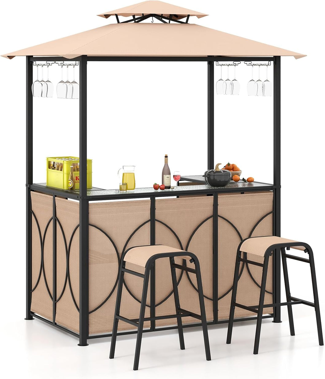 Grill Gazebo and 2 Bar Stools with Tempered Glass Bar Table for Patio Poolside Garden