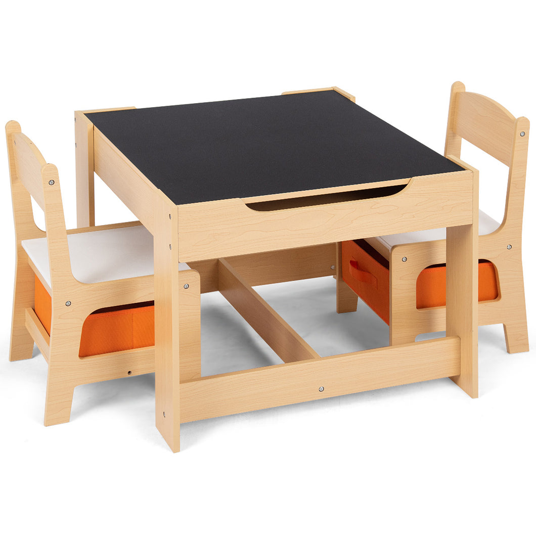 Kids Table&Chairs Set Double Side Tabletop Desk Wood Furniture with Storage Box