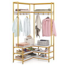 Load image into Gallery viewer, L-shaped Clothes Corner Garment Rack with Open Shelves and 7 Hooks
