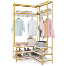 Load image into Gallery viewer, L-shaped Clothes Corner Garment Rack with Open Shelves and 7 Hooks
