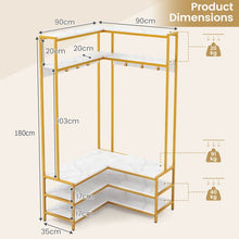 Load image into Gallery viewer, L-shaped Clothes Corner Garment Rack with Open Shelves and 7 Hooks
