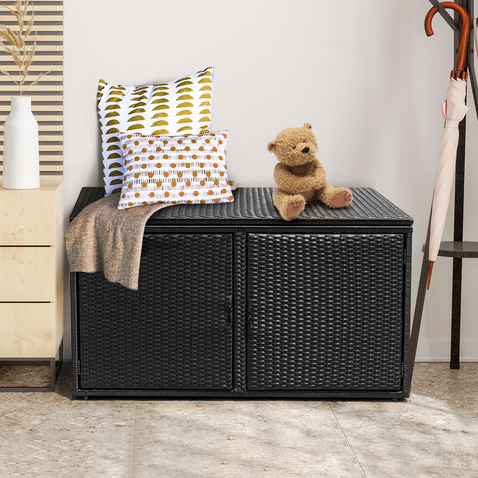 Pe Mini Storage Box 330L 2-Tier Outdoor PE Wicker Storage Box with Lid and Front Doors – costzu