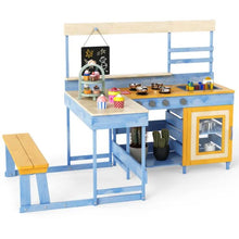 Load image into Gallery viewer, Kids Mud Kitchen, Children Pretend Play Kitchen with Picnic Table, Bench, Blackboard
