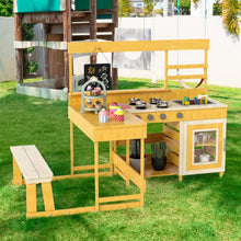 Load image into Gallery viewer, Kids Mud Kitchen, Children Pretend Play Kitchen with Picnic Table, Bench, Blackboard
