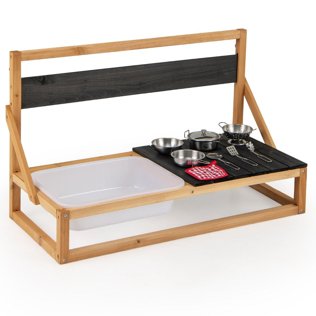 Fir Wood Pretend Play Kitchen with Hanging Hooks and Blackboard