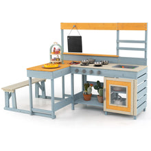 Load image into Gallery viewer, Kids Mud Kitchen, Children Pretend Play Kitchen with Picnic Table, Bench, Blackboard
