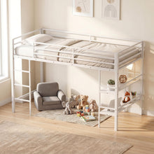 Load image into Gallery viewer, Kids Loft Bed, Metal Single Size Low Loft Bed with Under-Bed Space, Storage Shelves
