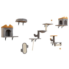 Load image into Gallery viewer, Wall-Mounted Cat Tower Set with 2-Tier Platform and 2 Comfy Cat Condos

