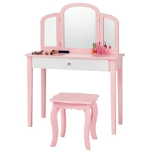 Load image into Gallery viewer, Kids Vanity Table and Stool Set, Wooden Children Dressing Table

