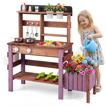 Load image into Gallery viewer, Kids Mud Kitchen, Garden Potting Bench with 2 Planting Pots, 2 Storage Bins, 2 Trowels, 1 Rake
