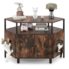 Load image into Gallery viewer, Corner Cat Litter Box Enclosure, Wooden Pet Cabinet Furniture with Open Shelf, 2 Entrances
