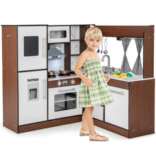 Load image into Gallery viewer, Kids Corner Kitchen, Wooden Play Kitchen with Stoves, Microwave, Oven, Telephone, Range Hood, Ice Maker, Chalkboard
